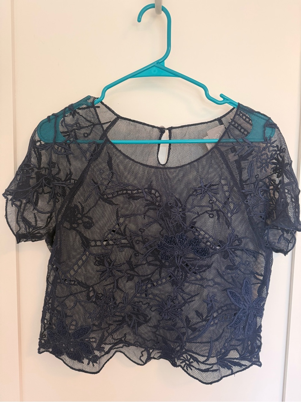 Anthropologie Embroidered Navy Lace Short Sleeve Cropped Top